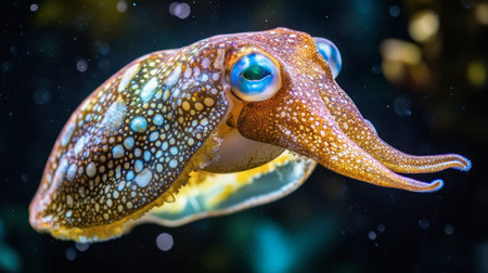 A stunning close-up of a colorful squid swimming gracefully in clear ocean waters. This vibrant marine creature showcases intricate patterns and textures, embodying the beauty of underwater biodiversity.の素材