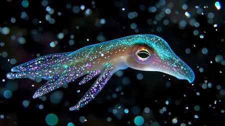 A stunning and vibrant squid glides gracefully through dark ocean waters, showcasing its colorful patterns and tentacles amidst shimmering bubbles.の素材