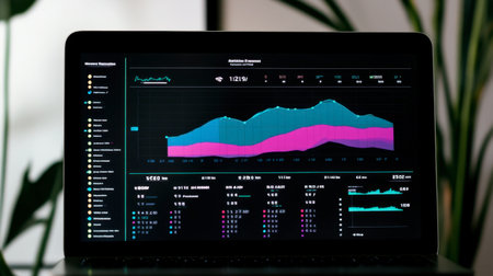 A sleek laptop displays colorful data visualizations and analytics charts, showcasing business performance metrics and insights in a modern workspace.の素材