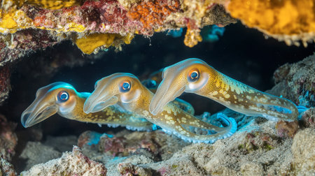 Three vibrant squids swim gracefully in a coral reef, showcasing the diversity of marine life. The color and detail highlight the beauty of underwater exploration.の素材