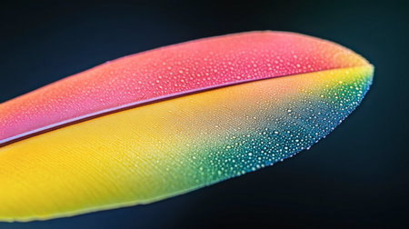 A stunning close-up of a vibrant rainbow feather adorned with dew drops, showcasing a beautiful blend of colors. Perfect for nature and art themes.の素材