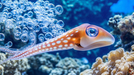 A vibrant squid gliding through crystal-clear water surrounded by delicate bubbles. Experience the beauty of underwater life in a tranquil marine habitat.の素材