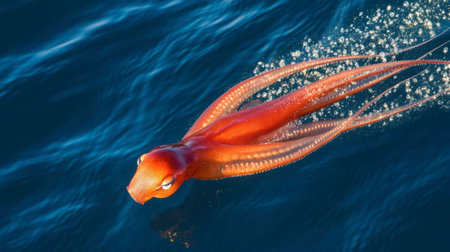 A striking red octopus gracefully glides through deep blue ocean waters, showcasing its vibrant color and remarkable tentacles in a natural habitat.の素材