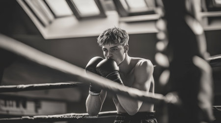 A young boxer in a training ring focuses intently, preparing for an upcoming match. The image captures the dedication and intensity of sports training.の素材
