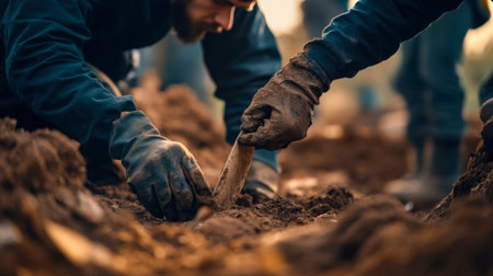 Dedicated archaeologists engage in a focused excavation, unearthing historical artifacts from the earth. Their work highlights the importance of preserving our past.の素材
