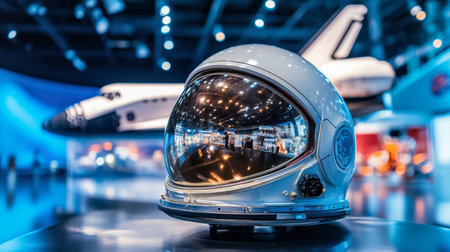 An astronaut helmet reflecting a stunning space shuttle in a vibrant museum setting, showcasing the magic of space exploration and innovative design.の素材