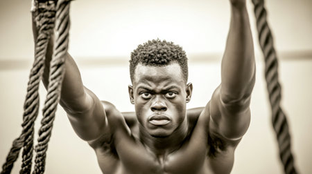 A focused male athlete engages in an intense workout using battle ropes. The monochrome image captures determination and strength during training.の素材
