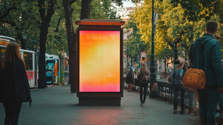 A vibrant urban scene featuring a bright advertising display at a bus stop, surrounded by trees and pedestrians in a lively city environment.の素材