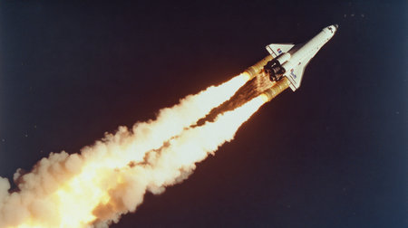 A stunning rocket launch showcases the power of modern aerospace technology, with flames and smoke billowing as it ascends into the clear blue sky.の素材