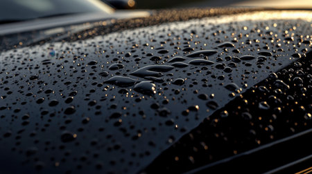 Close-up view of water droplets on a glossy black car surface, showcasing intricate textures and reflections in natural light, evoking a sense of freshness.の素材