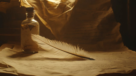 A tranquil still life featuring a vintage ink bottle, feather quill, and aged parchment, evoking the essence of classic writing and creativity.の素材