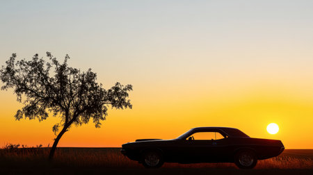 A striking silhouette of a classic car parked near a tree at sunset, capturing a serene moment in nature. The vibrant colors create a peaceful scene.の素材
