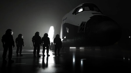 Astronauts stand silhouetted against a space shuttle in a dark environment, evoking a sense of adventure and exploration in the realm of space travel.の素材