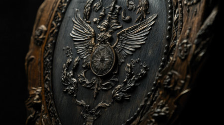 Close-up view of an ornate antique shield featuring intricate emblems and textures. This piece highlights the craftsmanship and historical significance of decorative armor.の素材