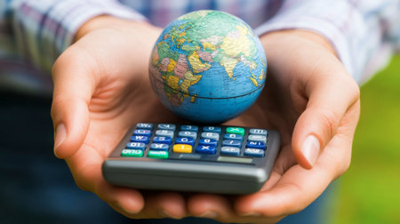 A person holds a calculator and globe, symbolizing the intersection of finance and global awareness, emphasizing the importance of planning and investment.の素材