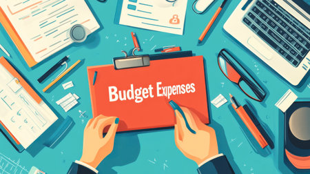 A vibrant workspace showcasing budgeting efforts with clipboard labeled "Budget Expenses," surrounded by office tools and documents, ideal for financial planning.の素材