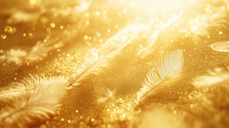 A stunning close-up of golden feathers resting on a sparkling surface, creating a magical and elegant atmosphere perfect for creative projects and designs.の素材