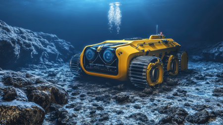 A vibrant yellow underwater robot captures the essence of ocean exploration, showcasing advanced technology for deep-sea research and marine monitoring.の素材
