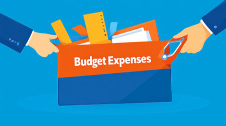 A vibrant illustration depicting hands exchanging a folder labeled 'Budget Expenses,' symbolizing financial management and budget planning in a professional setting.の素材