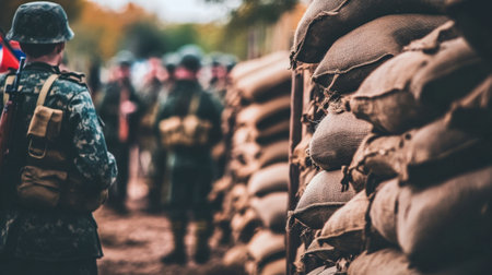Soldiers stand near sandbags in a war setting, conveying a sense of readiness and camaraderie. The background hints at a historical context, emphasizing the atmosphere of conflict.の素材