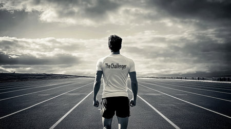 A determined athlete stands on an empty track, symbolizing the spirit of challenge and personal growth. This stunning monochrome image captures the essence of ambition and perseverance.の素材