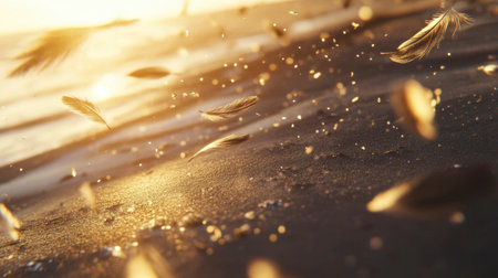 Delicate feathers drift softly across golden sand, illuminated by the warm light of sunset, creating a serene and tranquil coastal scene.の素材