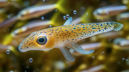 A vibrant fish swims gracefully through its underwater habitat, surrounded by bubbles and other marine life, showcasing the beauty of aquatic ecosystems.の素材