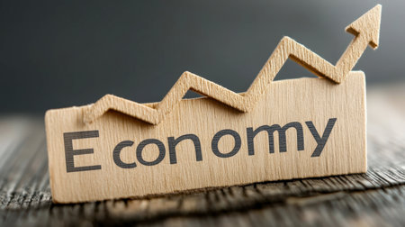 Wooden sign displaying the word "Economy" with an upward arrow, symbolizing growth and positive trends in business and finance. Perfect for financial themes.の素材