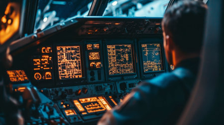A pilot focused on high-tech cockpit controls, showcasing advanced aviation instruments and technology in a modern flight environment. Perfect for aviation themes.の素材