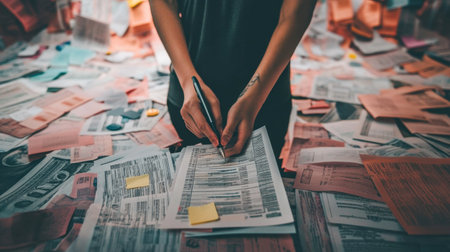 A person manages a large stack of paperwork, surrounded by scattered documents in a chaotic office. The scene captures the essence of busy administrative tasks and organization efforts.の素材