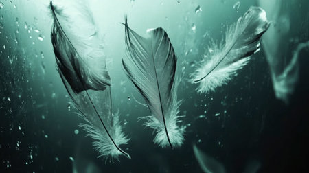 Ethereal feathers gracefully float through water, surrounded by bubbles. This calming scene evokes tranquility and serenity, perfect for artistic projects.の素材