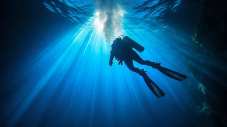 A lone diver glides through a serene underwater world, bathed in sunlight rays. Explore the beauty of marine life and the thrill of underwater adventure.の素材