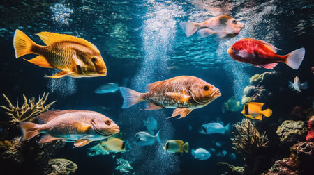 Discover the beauty of a vibrant coral reef teeming with colorful fish. This underwater scene captures the serenity and diversity of marine life.の素材