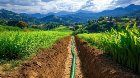 Scenic view of a green pipeline running through fertile farmland, surrounded by lush fields and majestic mountains under a bright blue sky. Ideal for illustrating agricultural practices and rural landscapes.の素材