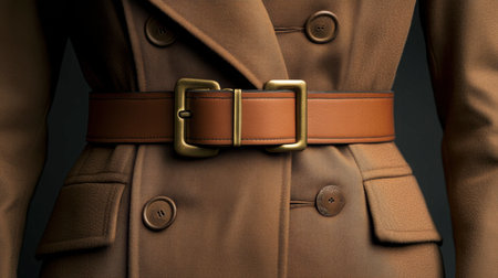 A close-up view of a stylish belt on a tailored brown coat, highlighting the elegant details of the design. Perfect for fashion enthusiasts and apparel showcases.の素材