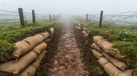 A serene and misty pathway lined with sandbags and barbed wire, creating a historical atmosphere. This tranquil scene invites reflection and exploration.の素材