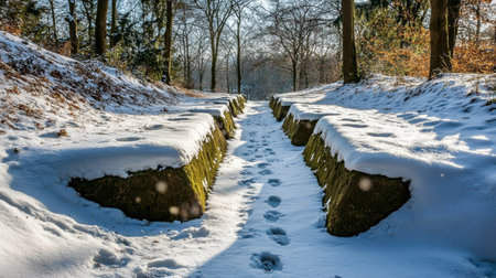Tranquil winter scene showcasing a snow-covered pathway through a serene forest, sunlight filtering through trees, inviting exploration in nature's beauty.の素材