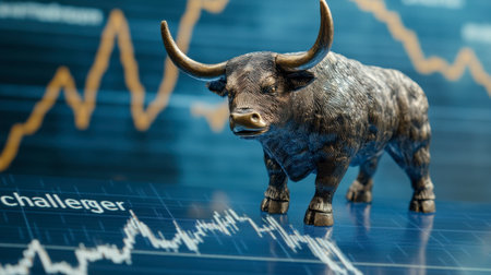 A bronze bull figurine stands prominently over a stock market chart, symbolizing financial growth and bullish trends. Ideal for finance and investment themes.の素材
