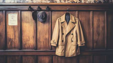 A stylish beige overcoat elegantly hangs on a rustic wooden wall, complemented by a hat above. Ideal for fashion and home decor themes.の素材