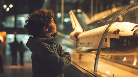 A young boy gazes in awe at a model of a space shuttle in a museum exhibit, sparking curiosity and inspiration about space exploration and technology.の素材