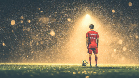 A young soccer player stands alone in the rain on a dark night, embodying determination and passion while preparing for a challenging game.の素材