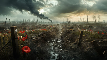 A haunting battlefield scene shows a trench surrounded by vibrant poppies against a backdrop of smoke and dark clouds, evoking themes of devastation and remembrance.の素材