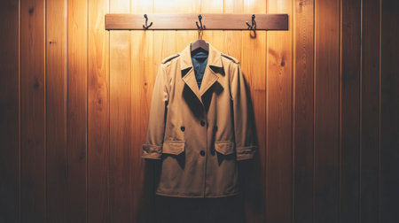 A classic beige coat elegantly hanging on a wooden wall, showcasing simplicity and style. Perfect for fashion and interior themes in lifestyle photography.の素材
