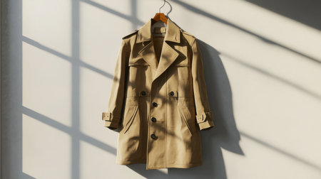 A classic beige trench coat hanging on a wooden hanger, showcasing its elegant design. The soft fabric and tailored details create a stylish outerwear piece, perfect for any wardrobe.の素材