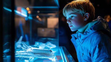 A young boy gazes in wonder at a space shuttle model in a museum. The blue lighting enhances the atmosphere, encouraging curiosity and exploration in young minds.の素材