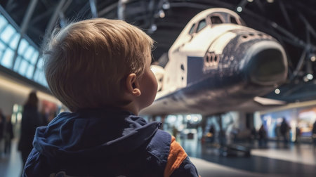 A child admires a space shuttle exhibit in a museum, showcasing the wonders of aerospace and space exploration. This moment captures curiosity and amazement.の素材