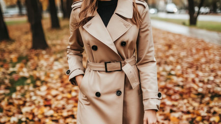 A fashionable woman in a stylish trench coat enjoys a serene autumn day surrounded by colorful leaves, capturing the essence of fall elegance.の素材