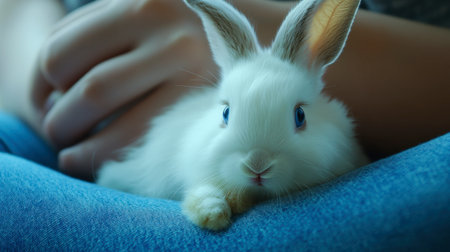A charming small rabbit rests comfortably on a person's lap, showcasing its soft fur and bright blue eyes. This image captures the warmth of companionship and affection.の素材
