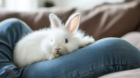 A fluffy white rabbit resting comfortably on denim-clad legs, exuding a sense of tranquility and coziness in a home environment, perfect for animal lovers.の素材