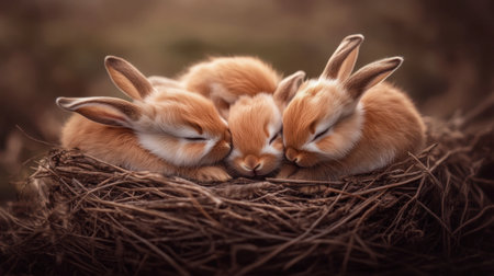 A heartwarming scene featuring four adorable bunnies nestled together in a cozy nest, showcasing their soft fur and sweet expressions. Perfect for nature lovers.の素材